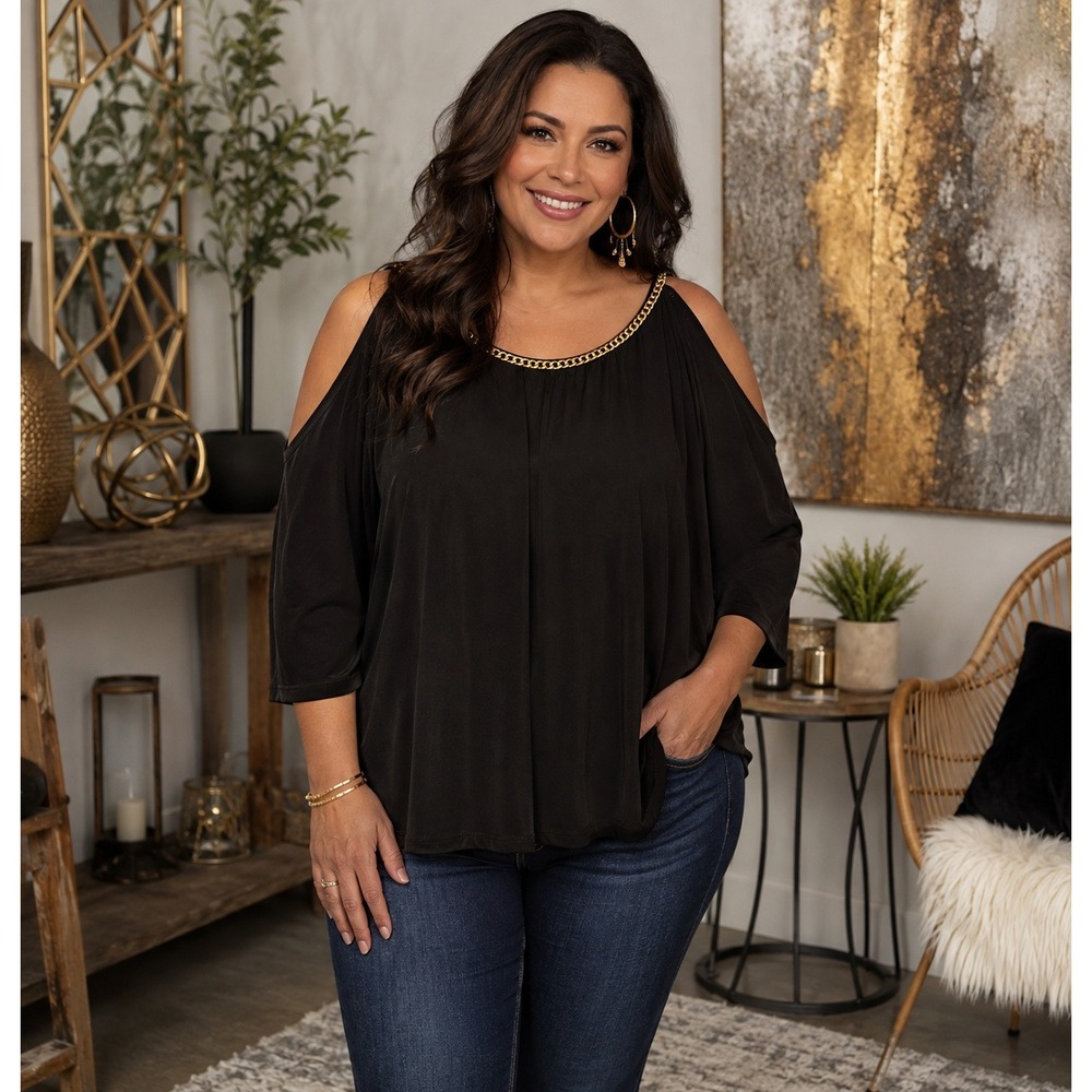 Michael Kors Black Cold Shoulder Chain Neck Batwing Blouse Top XL